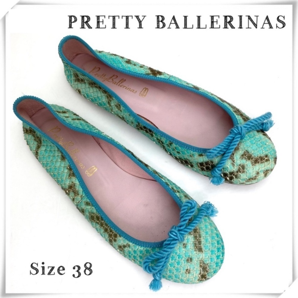 PRETTY Ballerinas Snakeskin Round toe Ballet Flats In Aqua Blue Green Size 8